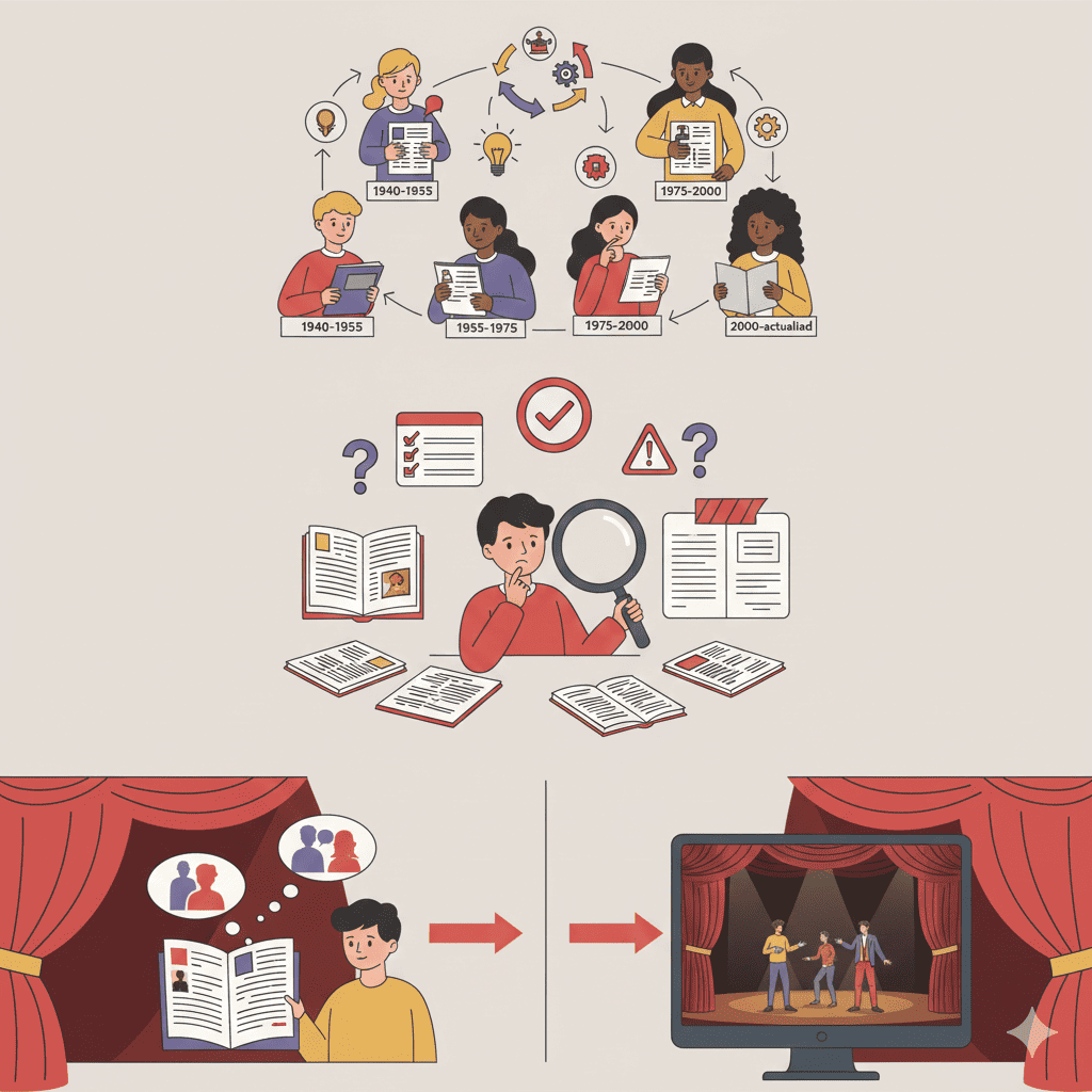 Ilustración con las tres fases de selección de una obra teatral