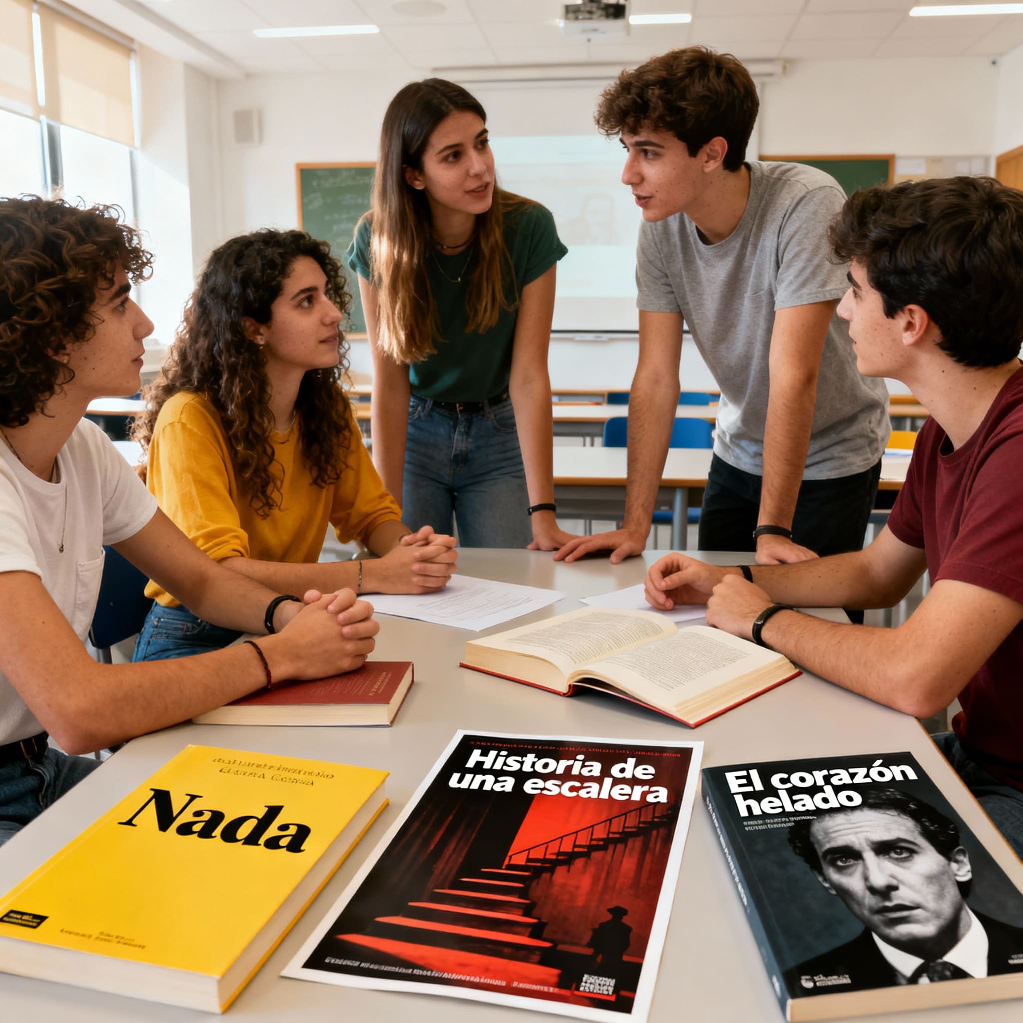 Un grupo de alumnos debate sobre novela y teatro contemporáneo