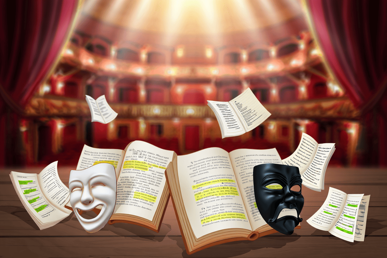 Dos máscaras teatrales en un escenario con libretos abiertos