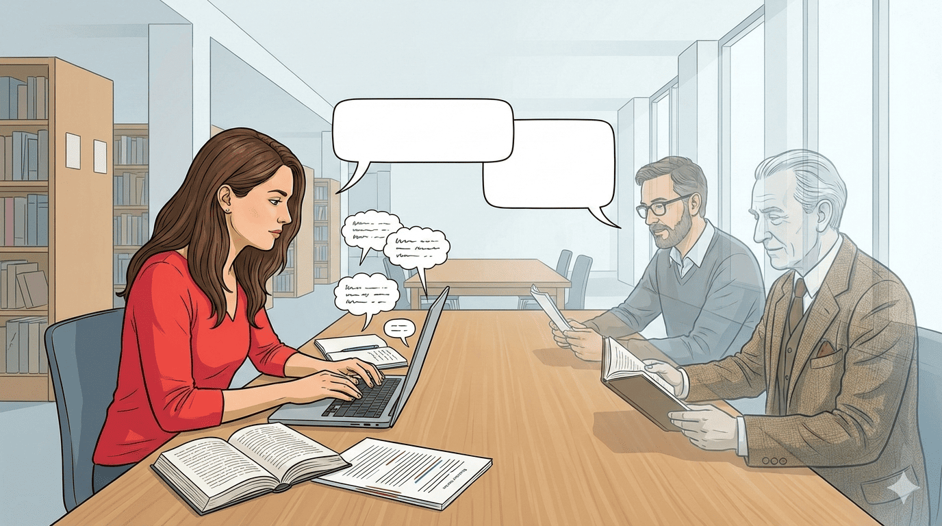 Una persona escribe en su ordenador y dialoga con críticos literarios no presentes