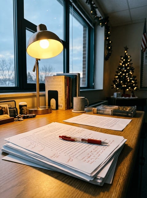 Una foto con un escritorio donde se registran correcciones sobre textos académicos