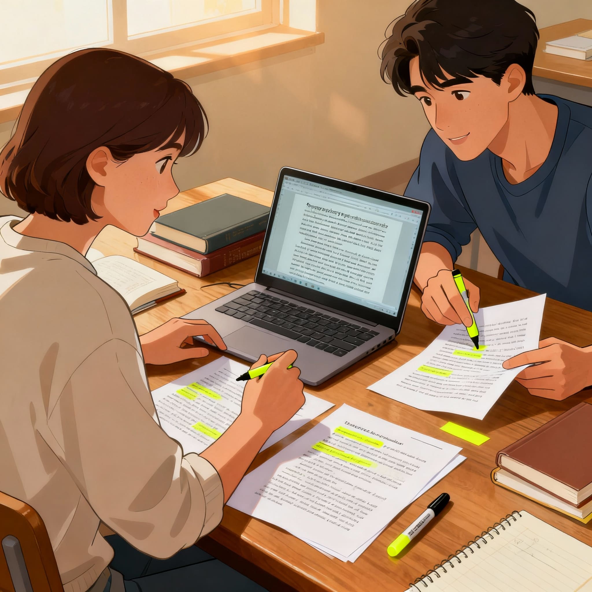 Una pareja de alumnos analizando textos con subrayado y un ordenador