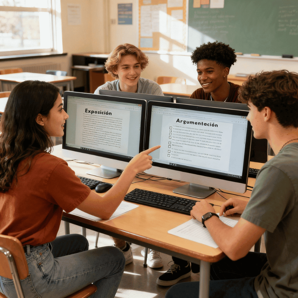 Un equipo de 4 personas trabaja sobre textos expositivos y argumentativos