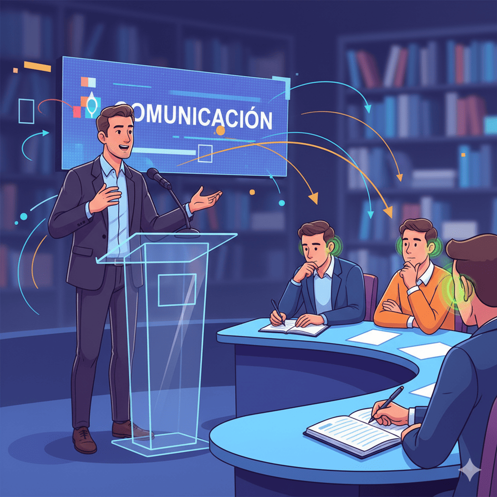 Un orador usa recursos y los asistentes escuchan y toman notas