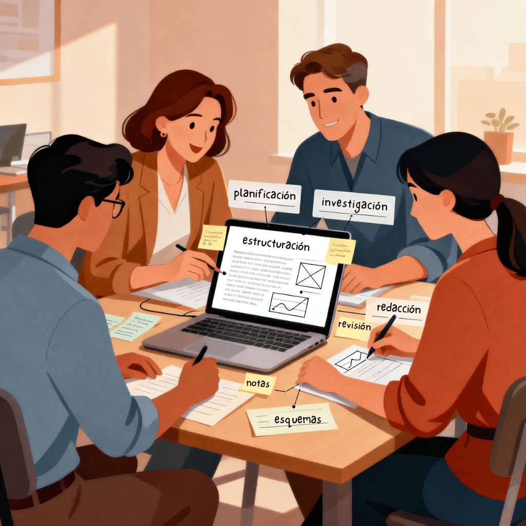 Un grupo de 4 personas preparando un texto expositivo y sus diferentes fases