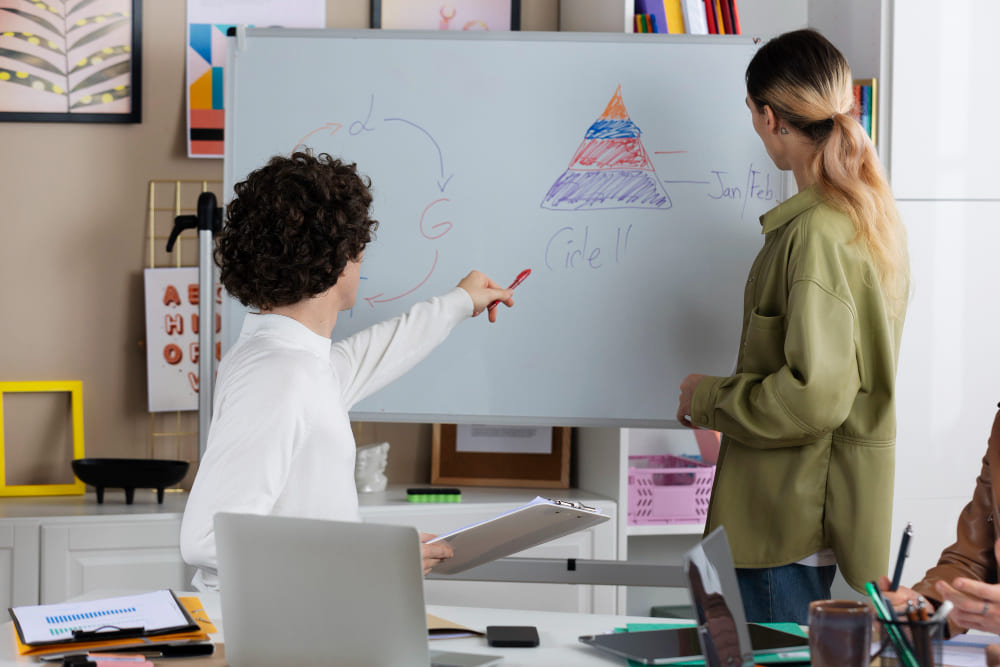 Dos personas frente a un pizarra